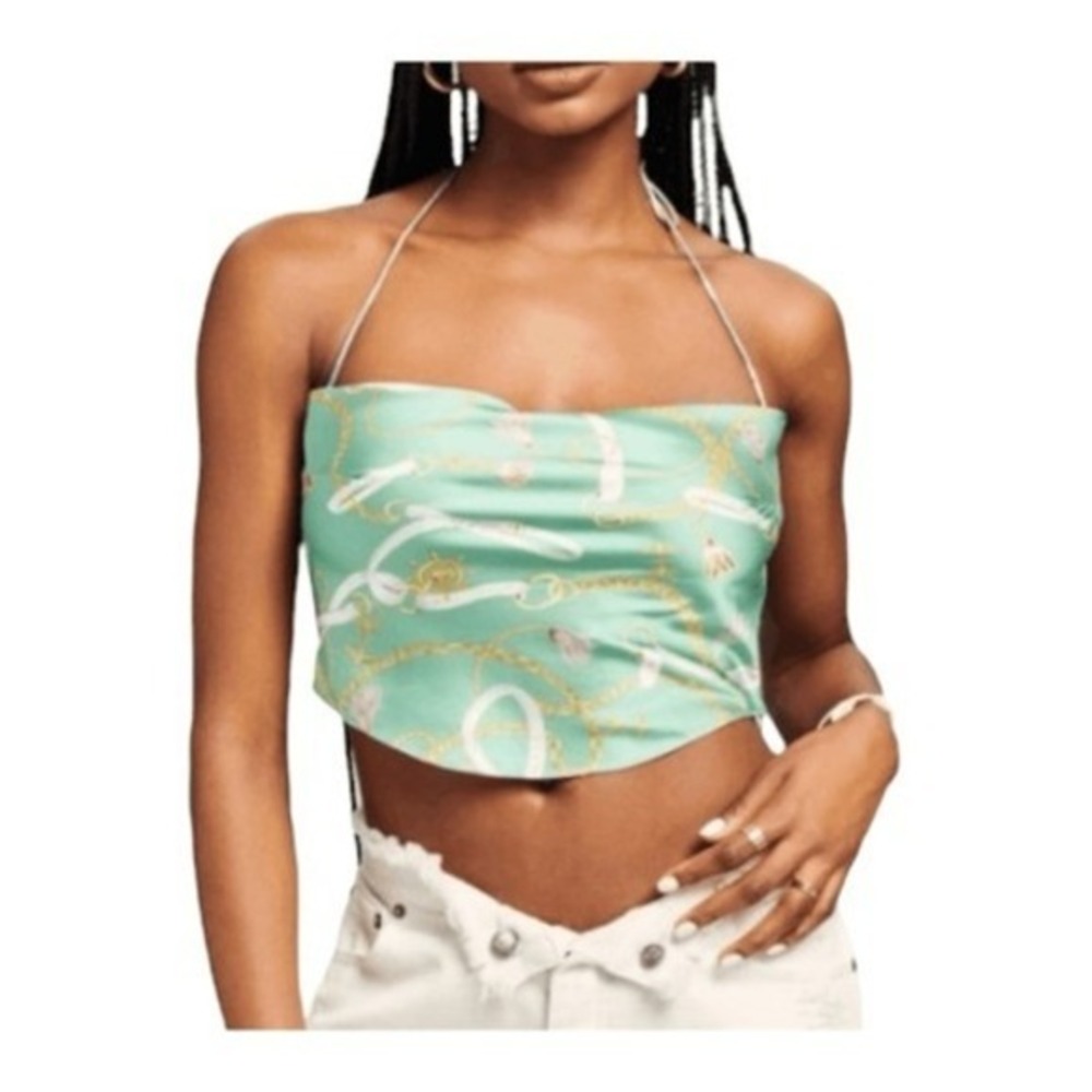 SER.O.YA Ellison Nautical Print Silk Crop Top Green‎ Halter Cowl Neck Sleeveless